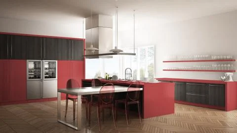 Minimalistic modern kitchen with table, chairs and parquet floor, gray and re Stock Illustration