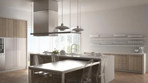 Minimalistic modern kitchen with table, chairs and parquet floor, white inter 스톡 일러스트
