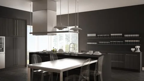 Minimalistic modern kitchen with table, chairs and parquet floor, white and g Stock Illustration