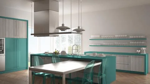 Minimalistic modern kitchen with table, chairs and parquet floor, white and t Stock Illustration
