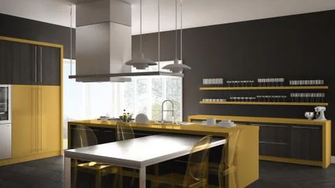 Minimalistic modern kitchen with table, chairs and parquet floor, gray and ye Stock Illustration
