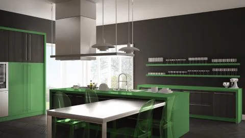 Minimalistic modern kitchen with table, chairs and parquet floor, gray and gr Stock Illustration