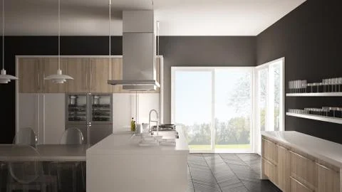 Minimalistic modern kitchen with table, chairs and parquet floor, white and g Stock Illustration