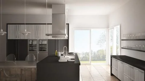 Minimalistic modern kitchen with table, chairs and parquet floor, white and g Stock Illustration