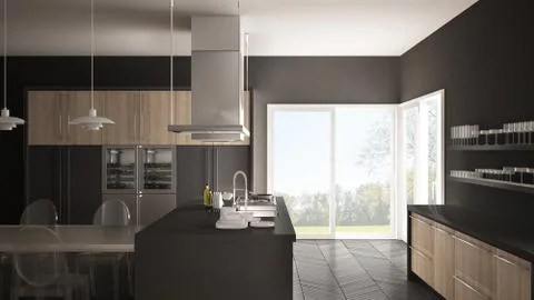 Minimalistic modern kitchen with table, chairs and parquet floor, white and g Stock Illustration