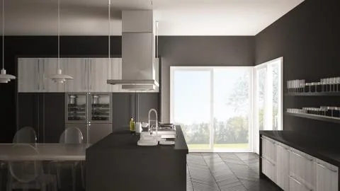 Minimalistic modern kitchen with table, chairs and parquet floor, white and g 스톡 일러스트