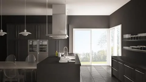 Minimalistic modern kitchen with table, chairs and parquet floor, white and g Stock Illustration