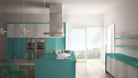 Minimalistic modern kitchen with table, chairs and parquet floor, white and t Stock Illustration