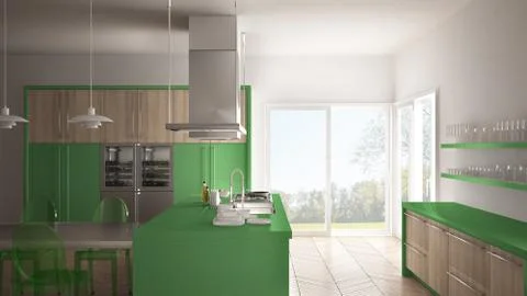 Minimalistic modern kitchen with table, chairs and parquet floor, white and g Stock Illustration