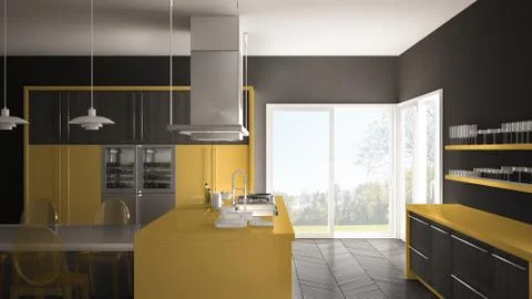 Minimalistic modern kitchen with table, chairs and parquet floor, gray and ye Stock Illustration
