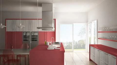 Minimalistic modern kitchen with table, chairs and parquet floor, white and r Illustrazione stock