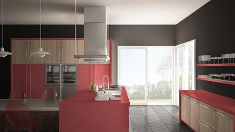 Minimalistic modern kitchen with table, chairs and parquet floor, gray and re Stock Illustration