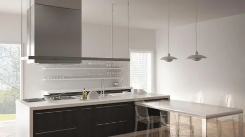 Minimalistic modern kitchen with table, chairs and parquet floor, white and g Stock Illustration