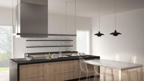Minimalistic modern kitchen with table, chairs and parquet floor, white and g Stock Illustration