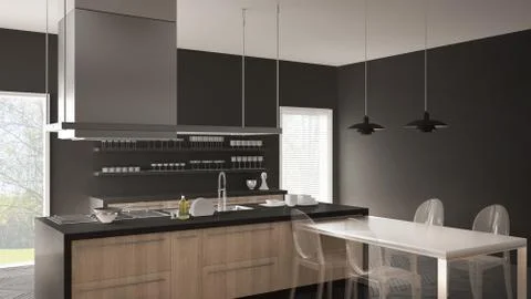 Minimalistic modern kitchen with table, chairs and parquet floor, white and g Stock Illustration