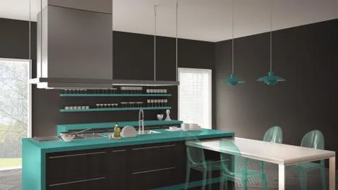 Minimalistic modern kitchen with table, chairs and parquet floor, gray and tu Stock Illustration