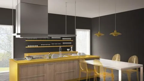 Minimalistic modern kitchen with table, chairs and parquet floor, gray and ye Stock Illustration
