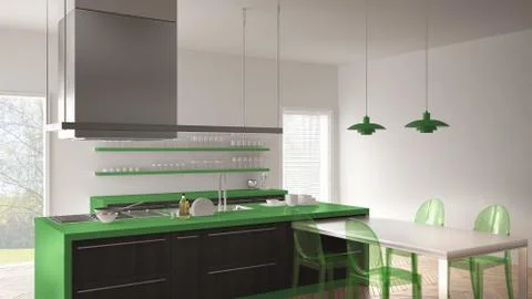Minimalistic modern kitchen with table, chairs and parquet floor, gray and gr Stock Illustration