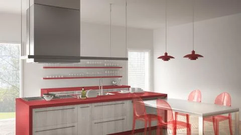 Minimalistic modern kitchen with table, chairs and parquet floor, white and r Stock Illustration