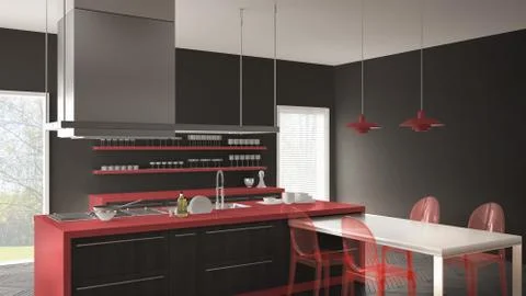 Minimalistic modern kitchen with table, chairs and parquet floor, gray and re Stock Illustration