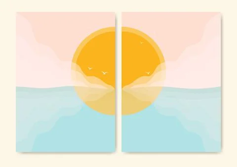 Minimalistic modern ocean side print. Ocean wave and sun Stock Illustration