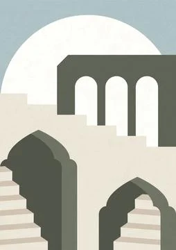 Minimalistic Moroccan architecture staircase elements poster illustration. Stock Illustration