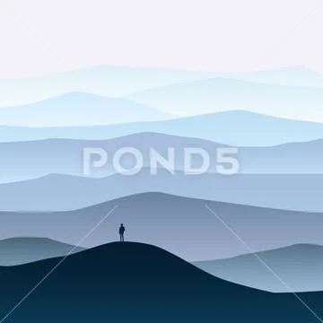 Minimalistic mountain landscape, silhouettes, open your world, lonely explorer Stock Illustration