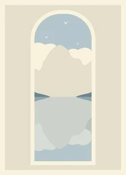 Minimalistic mountains landscape window view illustration poster. Mid century Stock Illustration