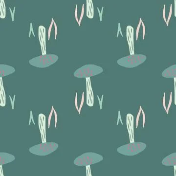 Minimalistic mushroom doodle elements seamless pattern. Hand drawn wild fores Stockillustratie