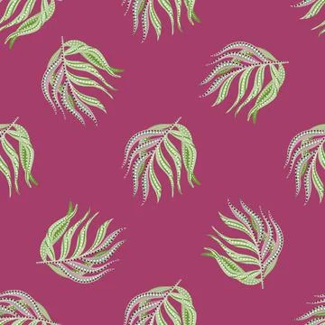 Minimalistic nature seamless pattern with green leaves ornament. Pink backgro Stock Illustration