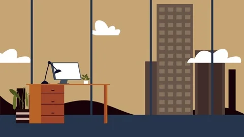 Minimalistic office interior with desk and city skyline view featuring anim.. Stock Footage 333719534