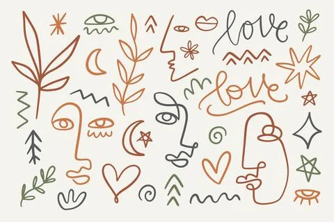 Minimalistic one line drawing Boho elements set イラスト素材