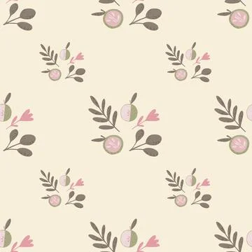 Minimalistic organic seamless pattern with green pale leaves and apples. Pink Stock Illustration