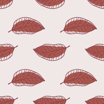 Minimalistic outline leaves seamless pattern. Maroon pale colored ornament on Stock Illustration