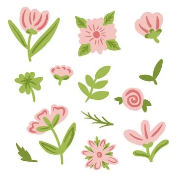 Minimalistic pink spring florals vector illustration set. Cartoon simple flowers Stock Illustration