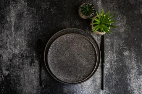 Minimalistic place setting with plants in pot Stock Photos