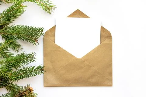 Minimalistic postcard layout with spruce branch. Kraft envelope, flat lay, to Stock Photos