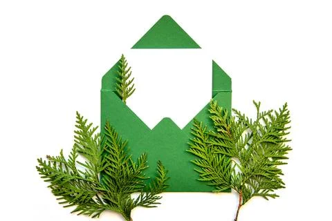 Minimalistic postcard layout with spruce branch. Green envelope, flat lay, .. Stock Photos