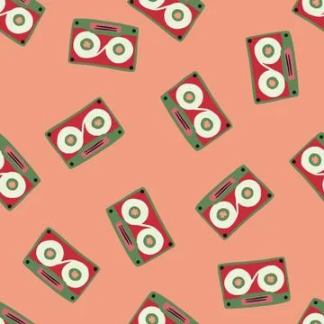 Minimalistic random cassette seamless pattern. Doodle ornament in red and gre 스톡 일러스트