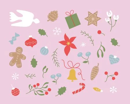 Minimalistic retro elements set with traditional Christmas symbols. Happy New Stock Illustration