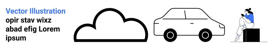 Minimalistic Scene with Cloud, Car, and Person Reading on a Bench Stock Illustration