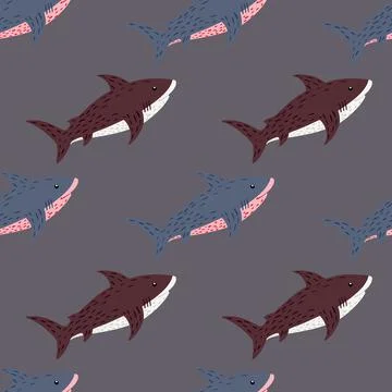Minimalistic seamless aqua pattern with shark maroon ornament. Grey dark back Illustrazione stock