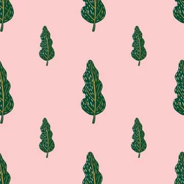 Minimalistic seamless contrast pattern with green tree silhouettes. Light pin Illustrazione stock