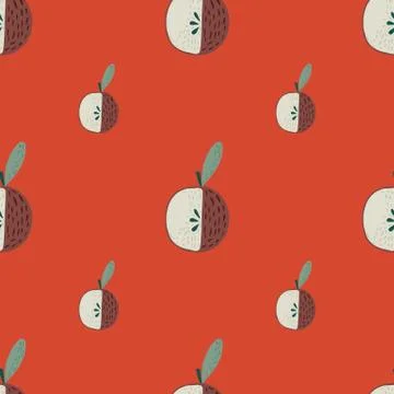 Minimalistic seamless doodle pattern with apple silhouettes. Red background.  Stock Illustration