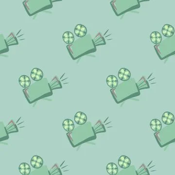 Minimalistic seamless doodle pattern with camera silhouettes. Light green cin Stock Illustration