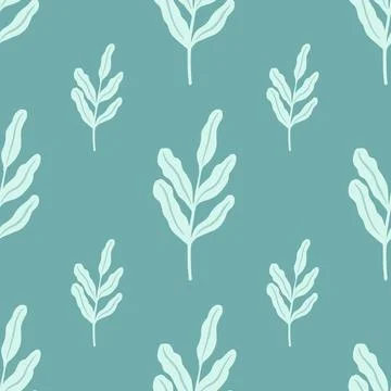 Minimalistic seamless doodle pattern with leaf branches elements. Blue palett 스톡 일러스트