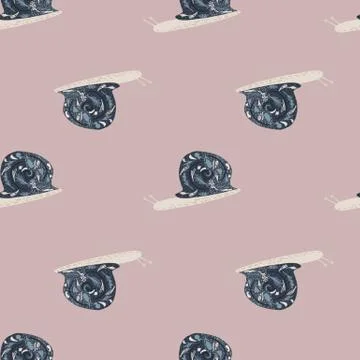 Minimalistic seamless doodle pattern with navy blue snails silhouettes. Pale  스톡 일러스트
