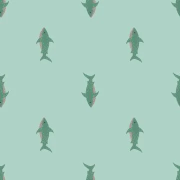 Minimalistic seamless doodle pattern with shark elements. Green little fishes 스톡 일러스트