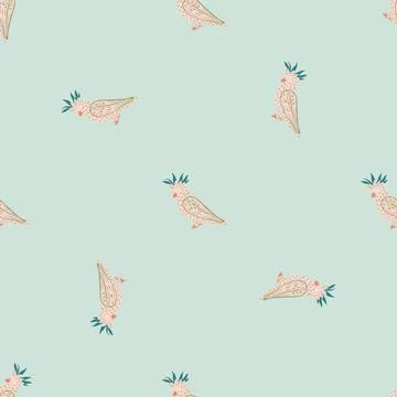 Minimalistic seamless exotic bird pattern with hand drawn cockatoo parrot sha Stock Illustration