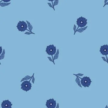 Minimalistic seamless flora pattern with blue sunflowers silhouettes ornament Stock Illustration